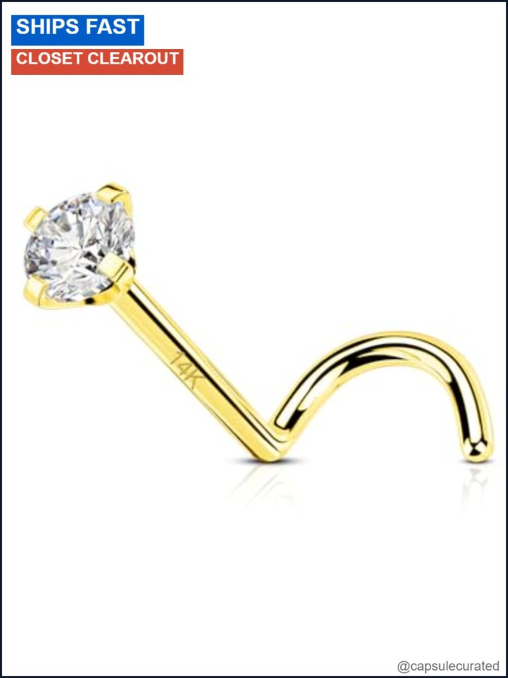 14K Solid Real Gold 5A Zircon Nostril Screw S Shape Nose Stud 20G 6mm Piercing